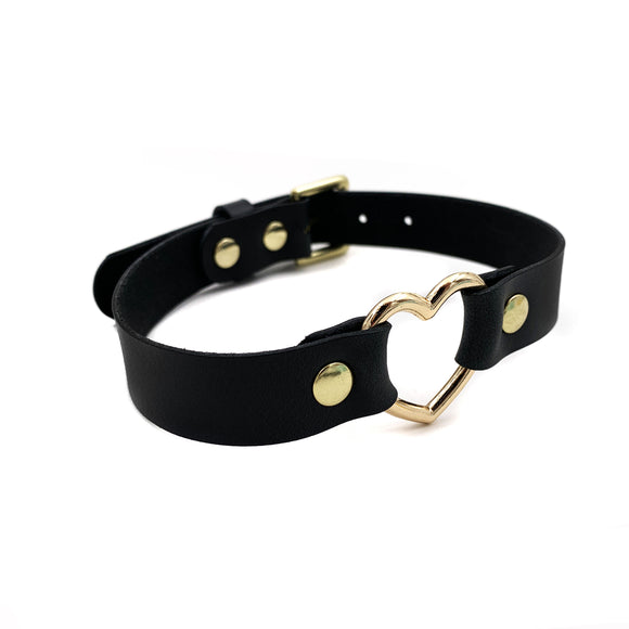 Leather Gold Heart Ring Collar - Black