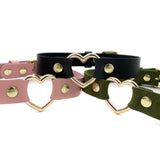 Leather Gold Heart Ring Collar - Black