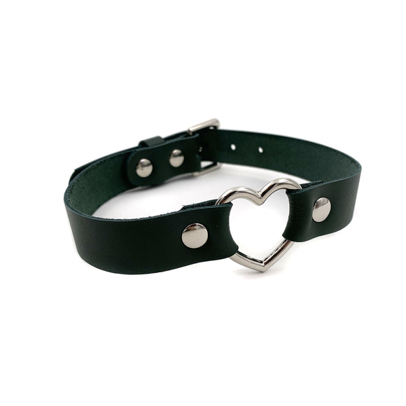 Leather Heart Collar - Forest Green